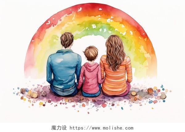 一家三口坐在彩虹上的背影水彩AI插画亲子家庭温馨